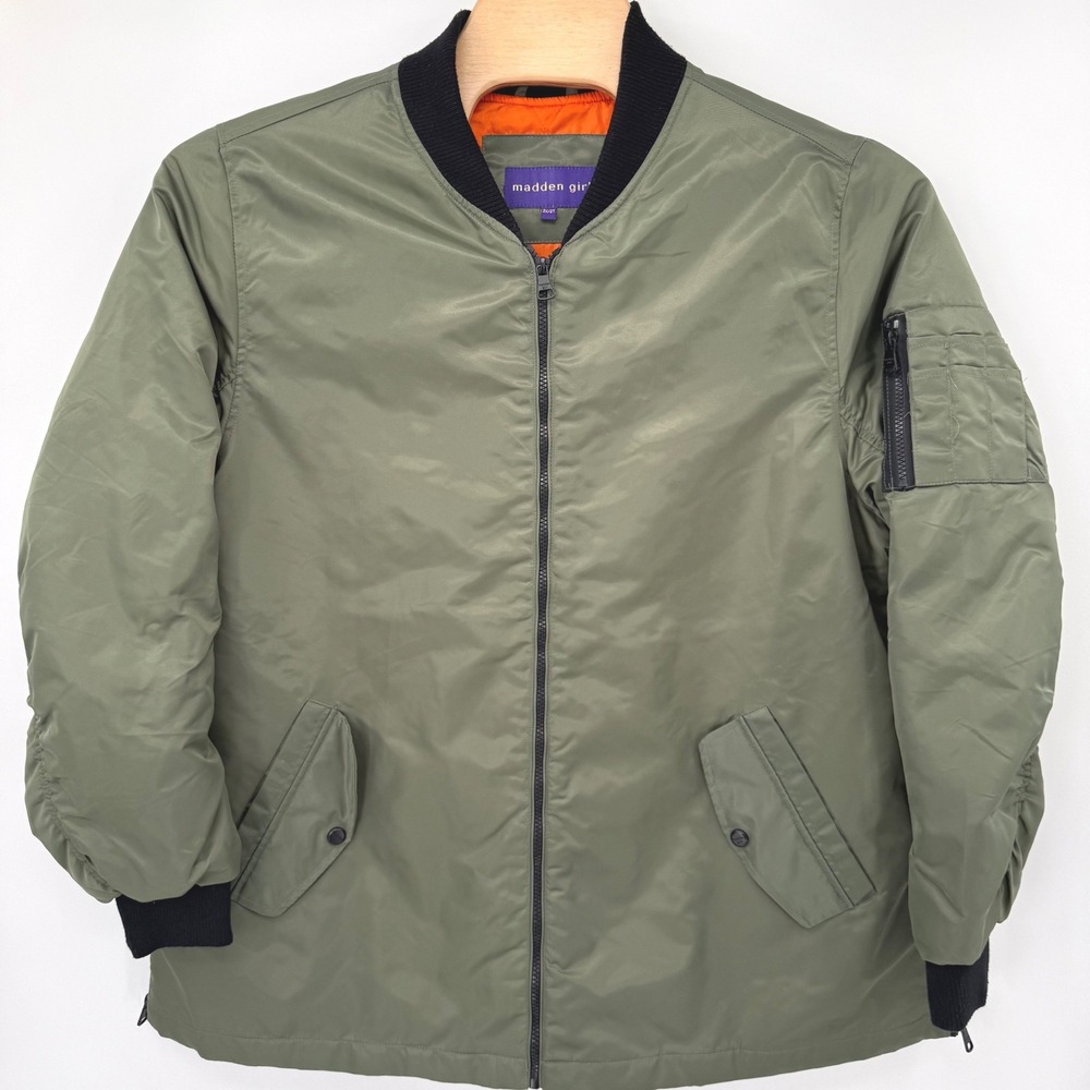 Madden Girl Bomber Jacket Women 2X Olive Green Ruched Back Flight Jacket Zip